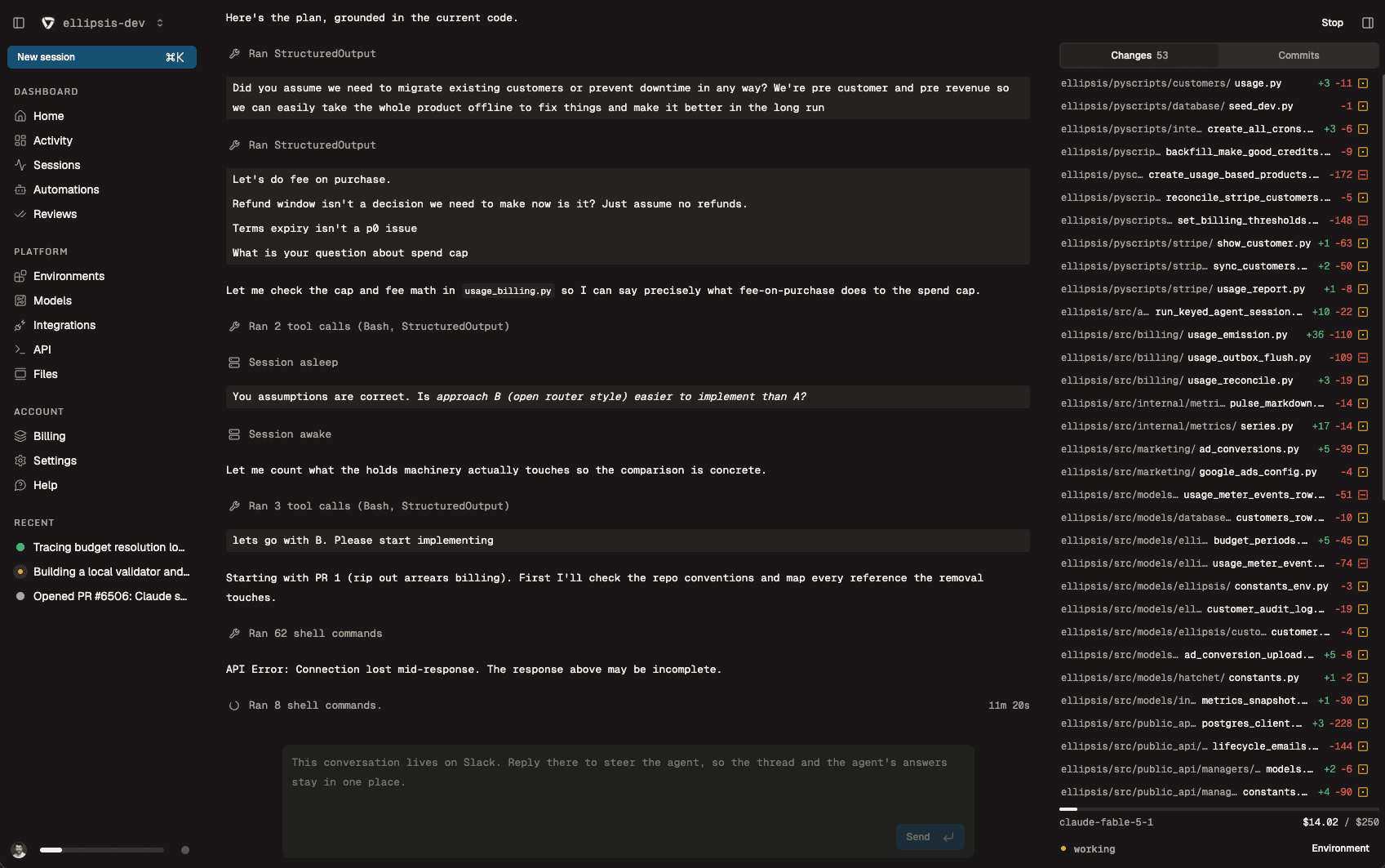 An Ellipsis development session showing the agent conversation and changed files.